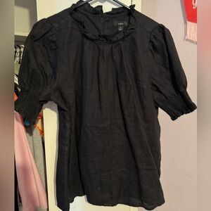 J.Crew Black Linen Blend Ruffle Neck Smocked Sleeve Blouse Women’s Size Small